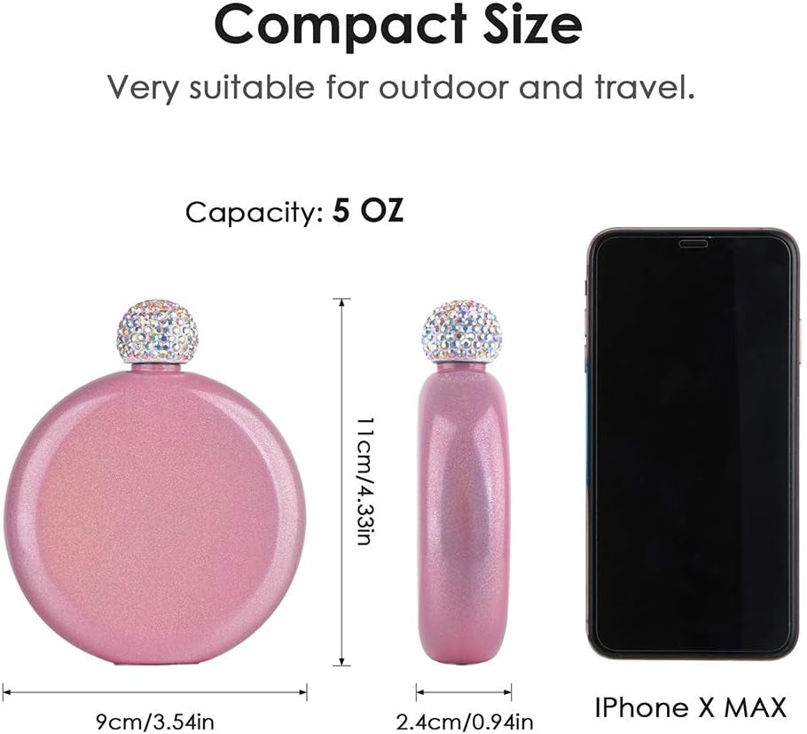 Cute Liquor Flask for Women, 304 Stainless Steel,Pretty Glitter Coating Whiskey Flasks,Shining Rhinestone Cap,Portable Wine Flask for Drink Bar BBQS and Traveling,Capacity 5 Oz