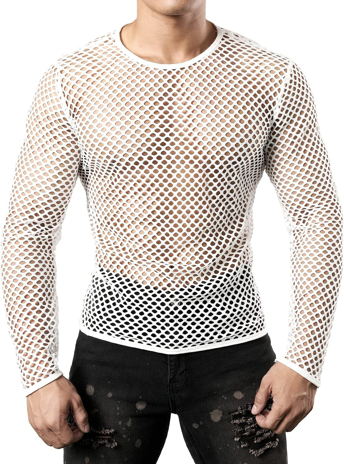 Men'S Mesh Fishnet Fitted Long Sleeve Muscle Top
