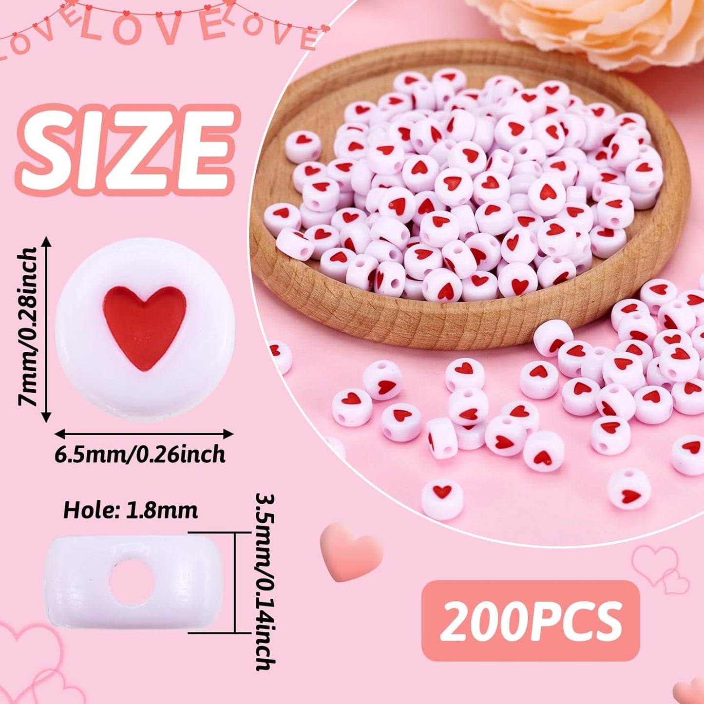 200Pcs 7Mm White Acrylic Heart Pony Beads Mini Red Love Heart Plastic Loose Disc Coin Beads Spacer for Women Bracelet Necklace Jewelry Making Supplies