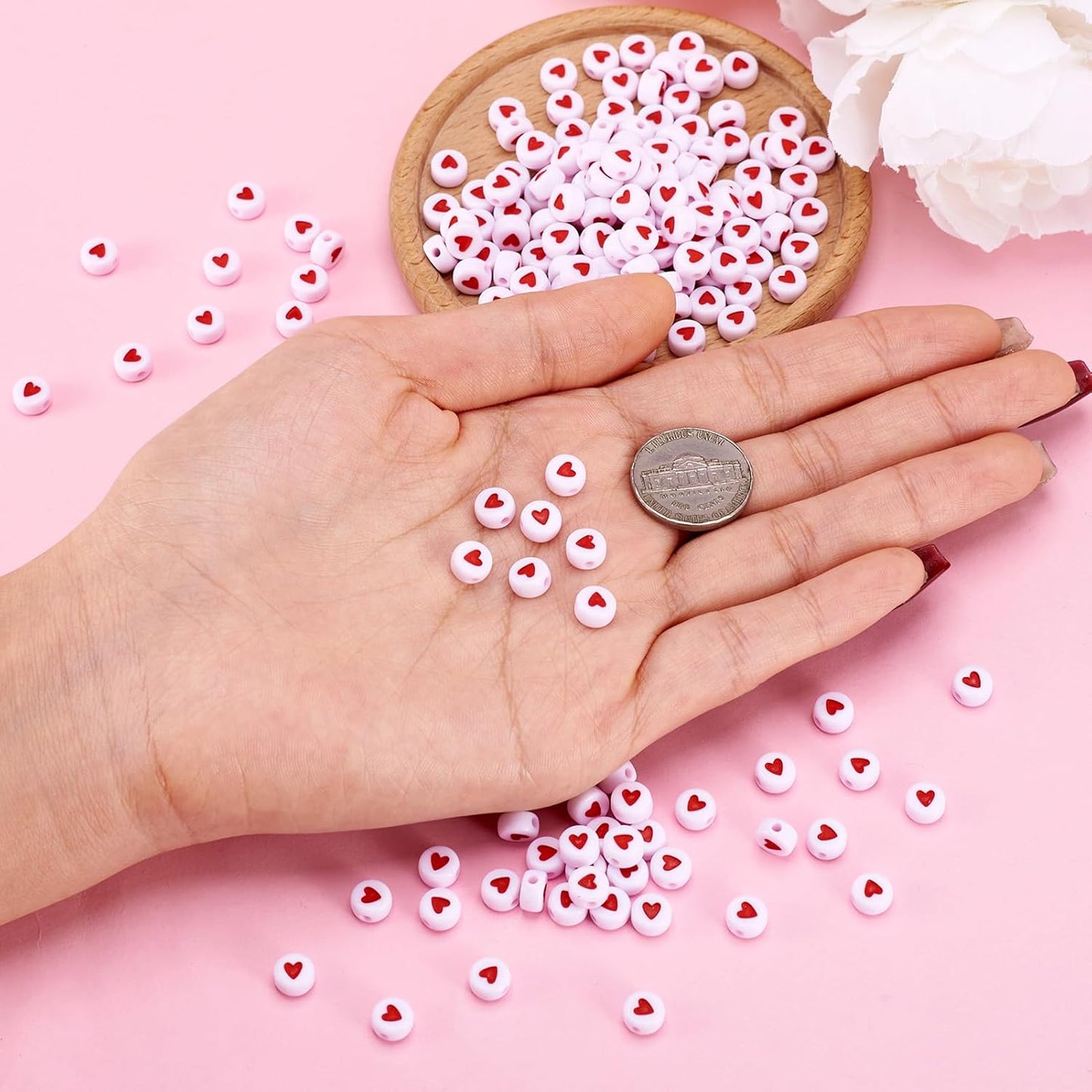 200Pcs 7Mm White Acrylic Heart Pony Beads Mini Red Love Heart Plastic Loose Disc Coin Beads Spacer for Women Bracelet Necklace Jewelry Making Supplies