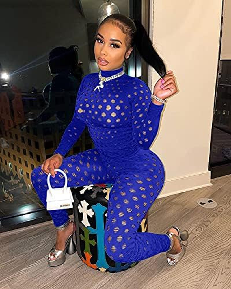 Sexy Bodycon Jumpsuits See through Mesh Lace Hollow Out One Piece Club Outfits Clubwear