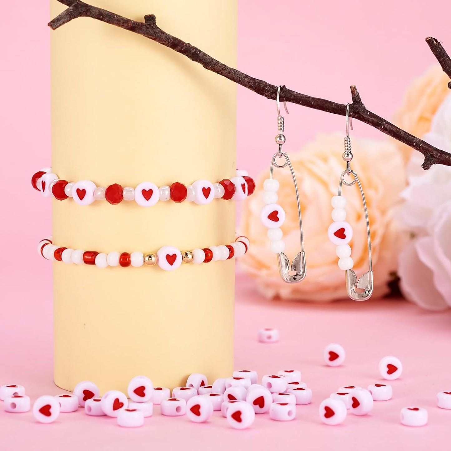 200Pcs 7Mm White Acrylic Heart Pony Beads Mini Red Love Heart Plastic Loose Disc Coin Beads Spacer for Women Bracelet Necklace Jewelry Making Supplies