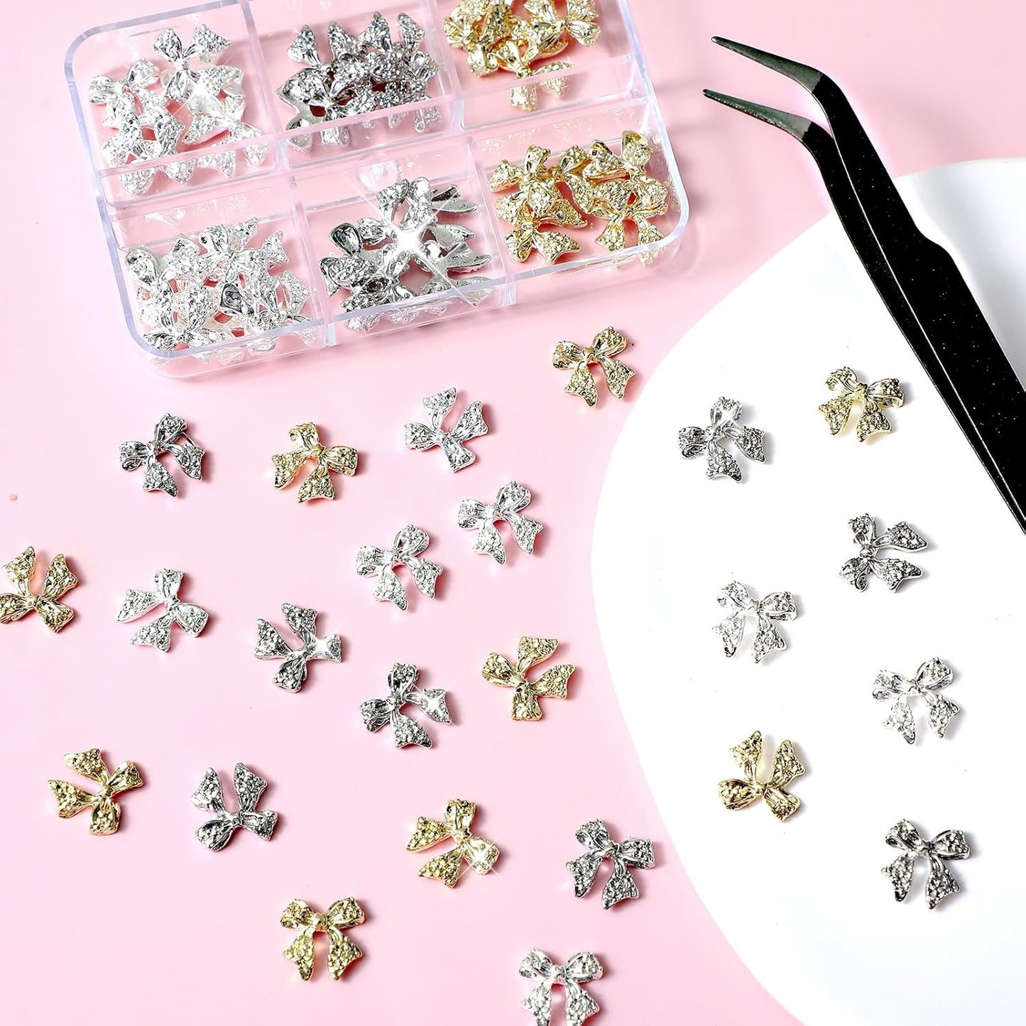 Bow Nail Charms, 60Pcs Gold and Silver Nail Charms, Luxury Shiny Nail Charms and Gems, Bow Alloy Nail Art Charms, Bow Charms for Nails Design