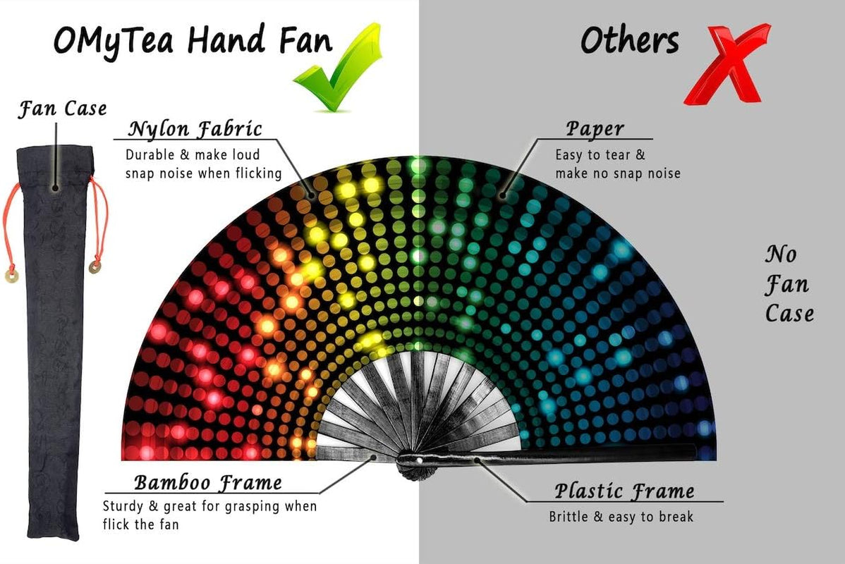 Large Rave Clack Popping Fan for Line Dancing - Boots on the Ground Folding Hand Fan - for EDM, Music Festival, Hot Flashes, Party, Decoration (Disco Lights Dots)