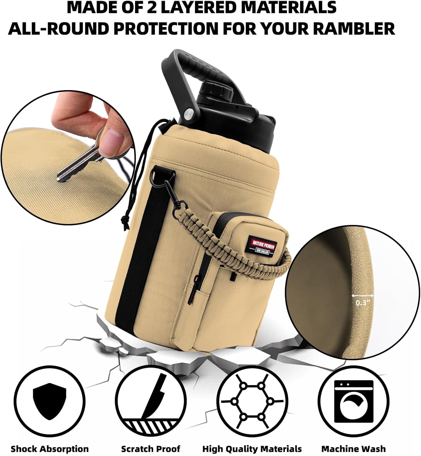 Water Bottle Holder with Adjustable Strap - Half/One Gallon (64/128Oz) Insulated Water Bottle Sling Carrier with Phone Pocket & Paracord Handle, Outdoor Camping, Hiking, Gym