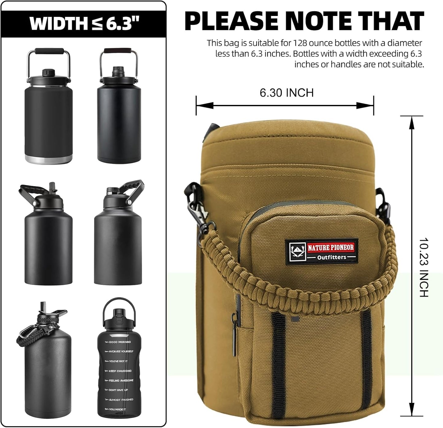 Water Bottle Holder with Adjustable Strap - Half/One Gallon (64/128Oz) Insulated Water Bottle Sling Carrier with Phone Pocket & Paracord Handle, Outdoor Camping, Hiking, Gym