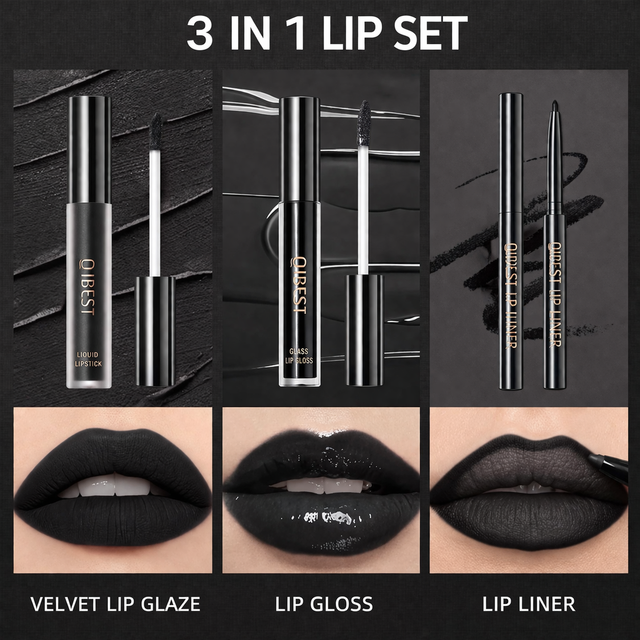 Black 3 in 1 Liquid Matte  Lipstick