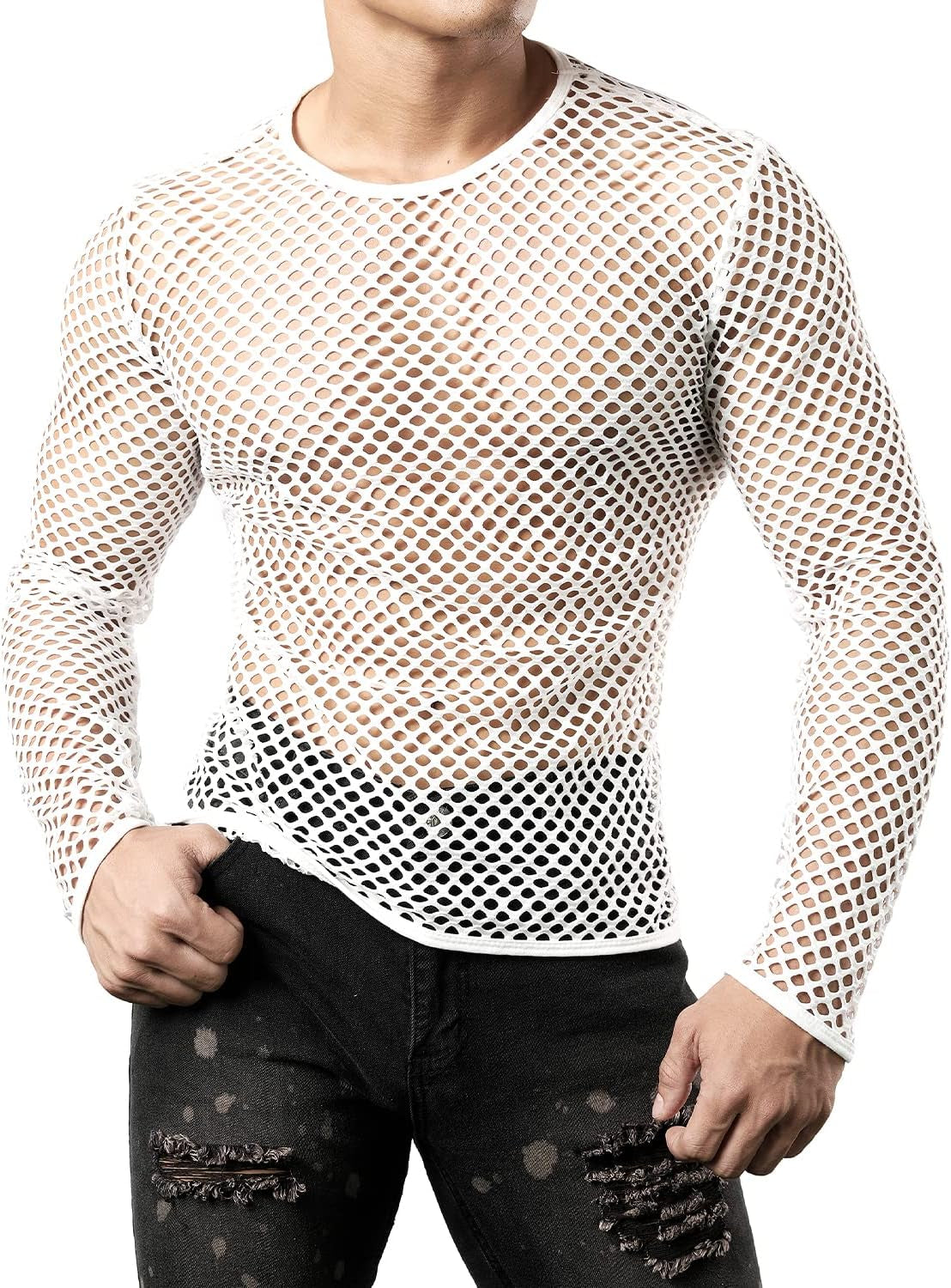 Men'S Mesh Fishnet Fitted Long Sleeve Muscle Top