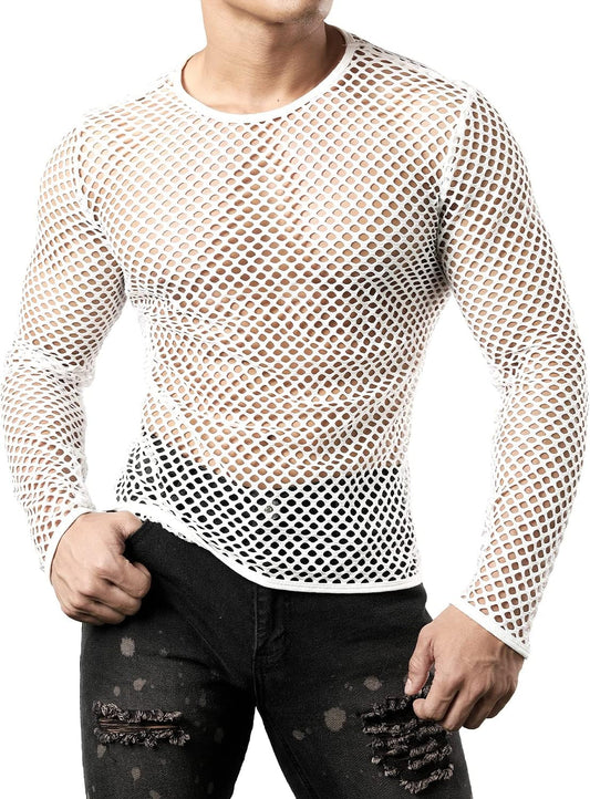 Men'S Mesh Fishnet Fitted Long Sleeve Muscle Top