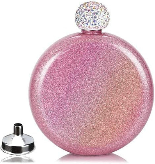 Cute Liquor Flask for Women,  304 Stainless Steel,Pretty Glitter Coating Whiskey Flasks,Shining Rhinestone Cap,Portable Wine Flask for Drink Bar BBQS and Traveling,Capacity 5 Oz