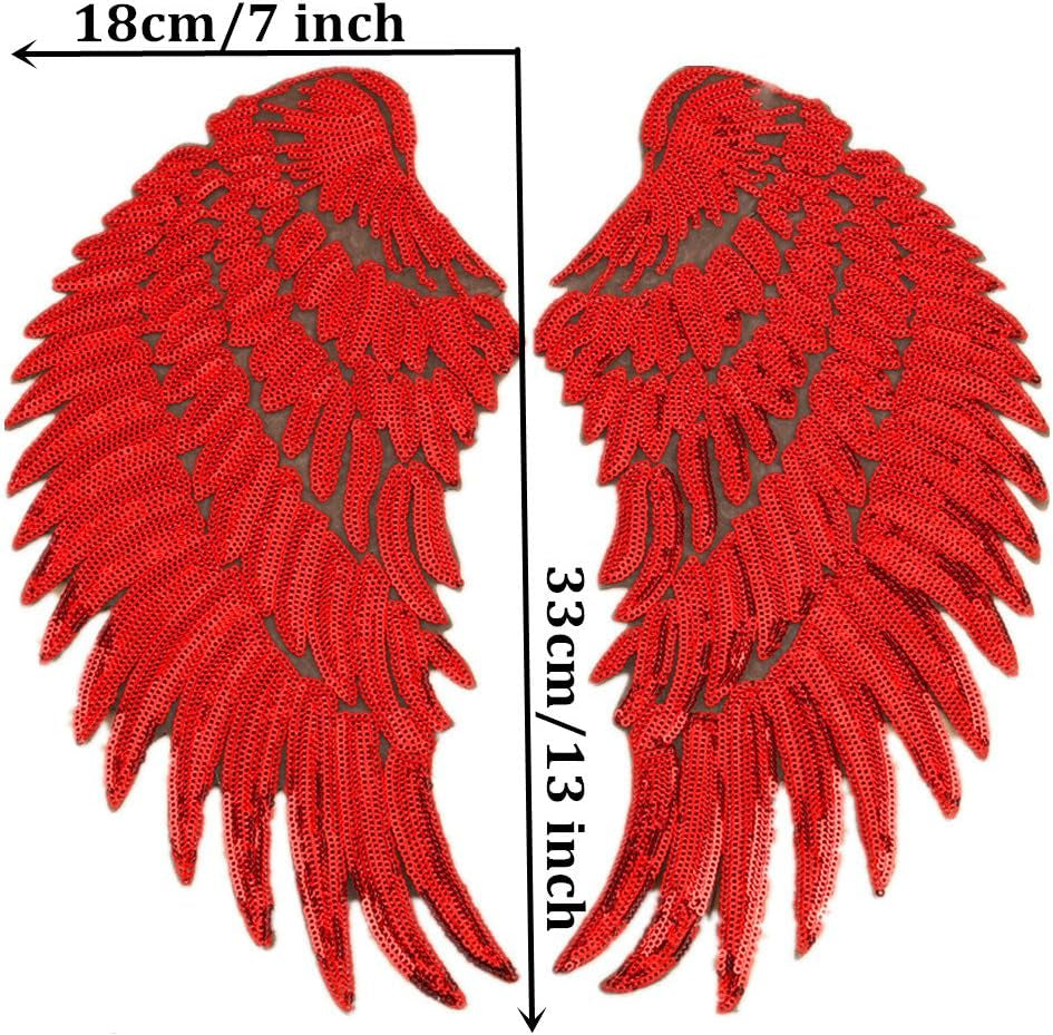 Large Angel Wings Sequin Patches Iron on Sew on Appliques Embroidered Motif for DIY Clothes (Red)