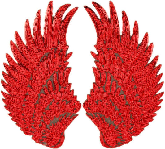 Large Angel Wings Sequin Patches Iron on Sew on Appliques Embroidered Motif for DIY Clothes (Red)