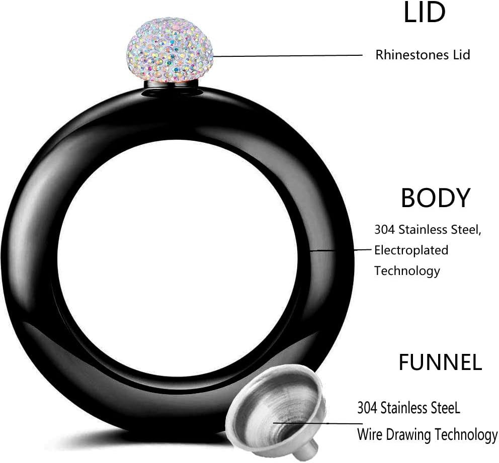 Bracelet Bangle  Creative Stainless 304 Steeland Hip  Funnel Set for Women 3.5 Oz (Black with Rhinestones Lid)