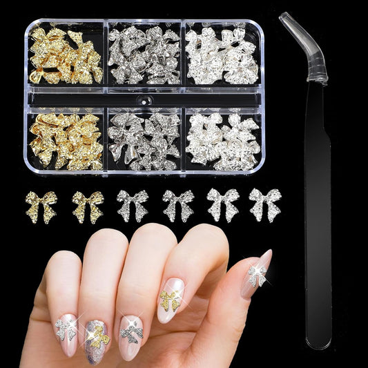 Bow Nail Charms, 60Pcs Gold and Silver Nail Charms, Luxury Shiny Nail Charms and Gems, Bow Alloy Nail Art Charms, Bow Charms for Nails Design