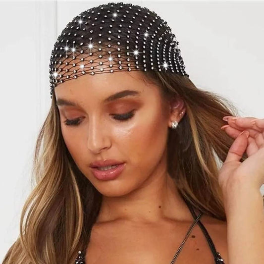 Rhinestone Head Scarf Sparkly Mesh Headband Stretchy Crystal Nightclub Headwrap Rave Hair Accessories for Women (1-Black, Free Size)