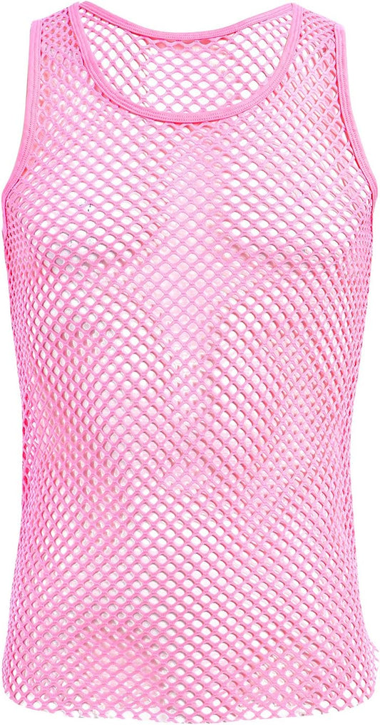 Men'S Fishnet Mesh Tank Top Sleeveless Sheer Shirt Gym Workout Fitted Muscle Top Undershirt
