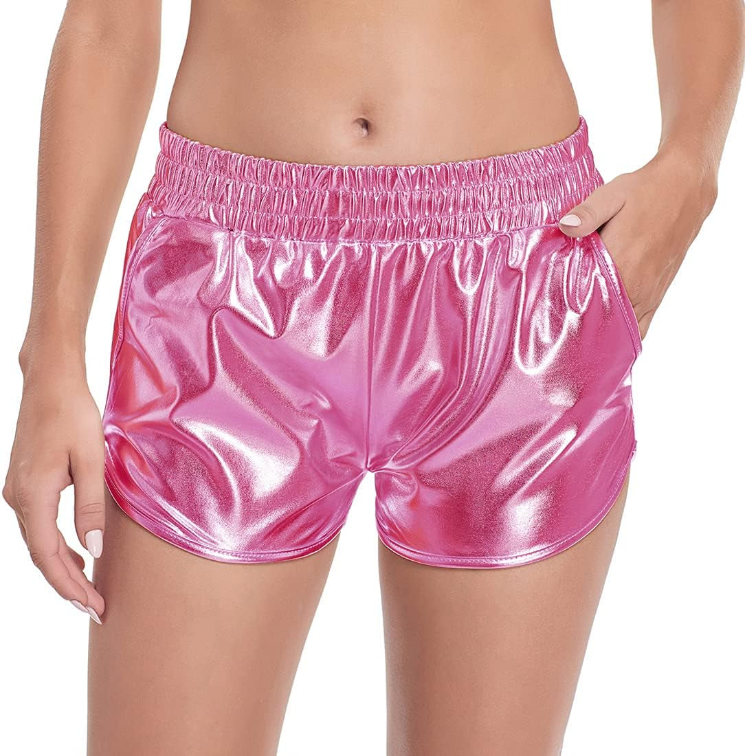 Women'S Metallic Shorts Shiny Pants with Elastic Waist Hot Rave Dance