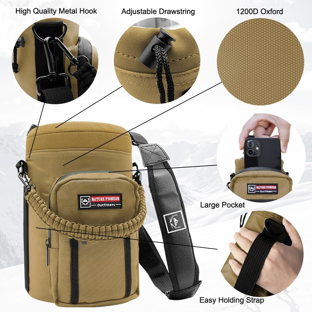 Water Bottle Holder with Adjustable Strap - Half/One Gallon (64/128Oz) Insulated Water Bottle Sling Carrier with Phone Pocket & Paracord Handle, Outdoor Camping, Hiking, Gym