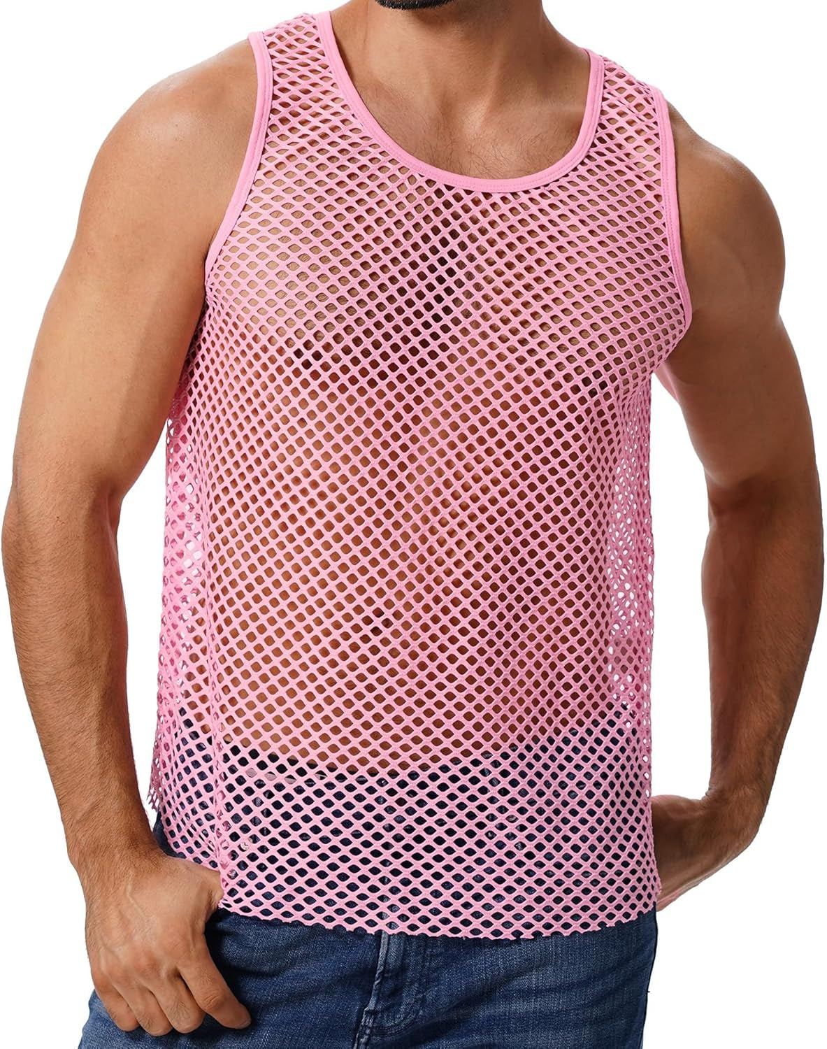 Men'S Fishnet Mesh Tank Top Sleeveless Sheer Shirt Gym Workout Fitted Muscle Top Undershirt