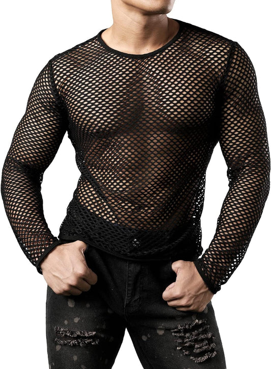 Men'S Mesh Fishnet Fitted Long Sleeve Muscle Top