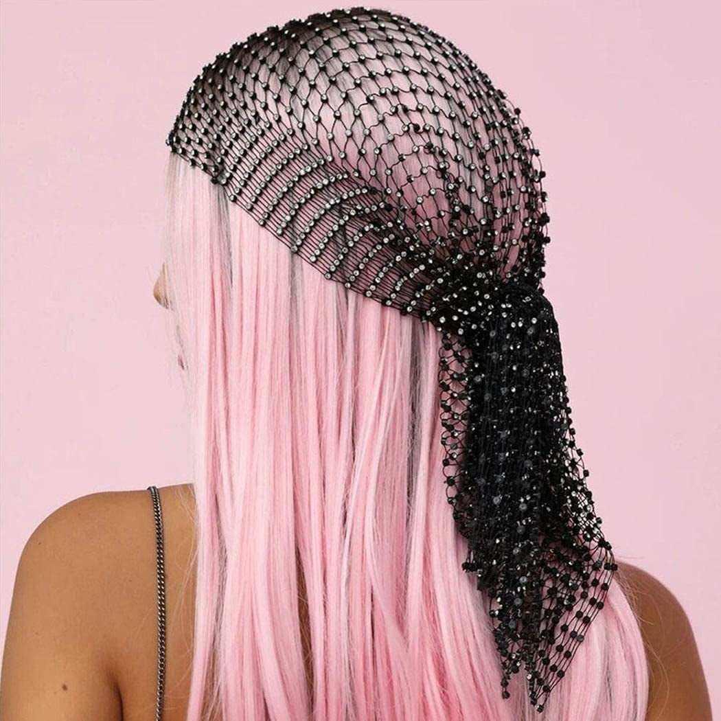 Rhinestone Head Scarf Sparkly Mesh Headband Stretchy Crystal Nightclub Headwrap Rave Hair Accessories for Women (1-Black, Free Size)