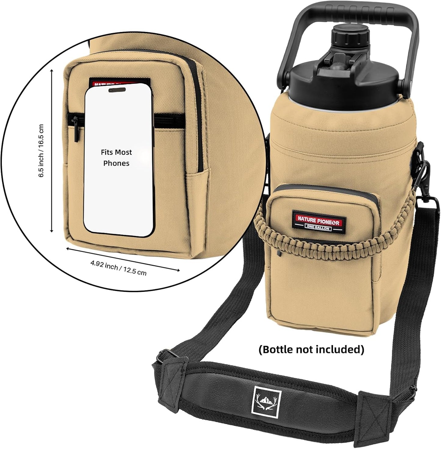 Water Bottle Holder with Adjustable Strap - Half/One Gallon (64/128Oz) Insulated Water Bottle Sling Carrier with Phone Pocket & Paracord Handle, Outdoor Camping, Hiking, Gym