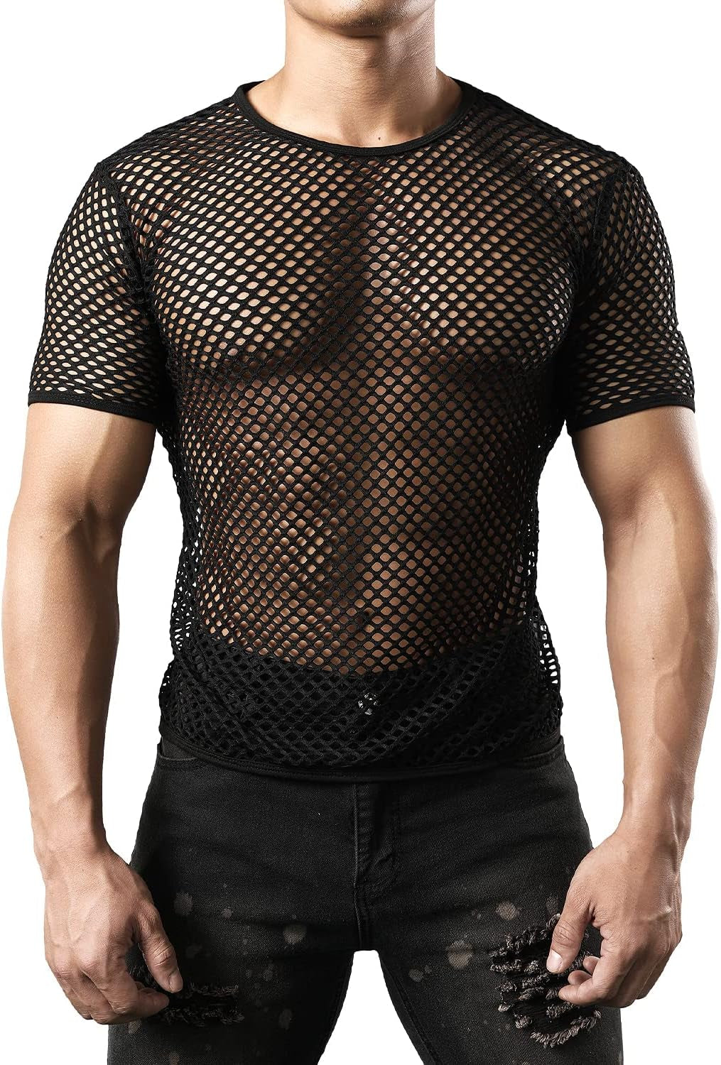 Men'S Mesh Fishnet Fitted Short Sleeve Muscle Top