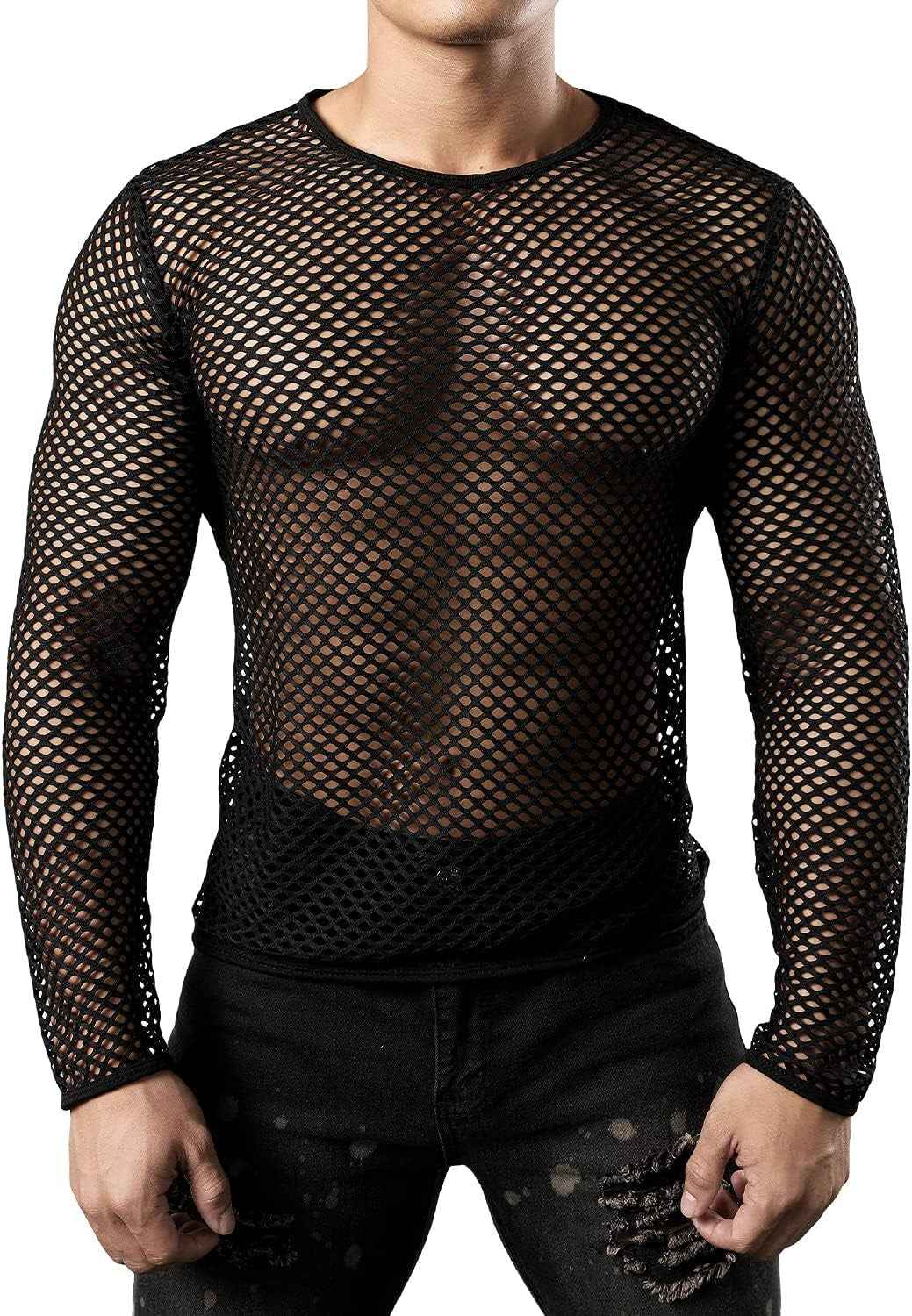 Men'S Mesh Fishnet Fitted Long Sleeve Muscle Top