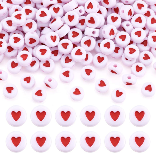 200Pcs 7Mm White Acrylic Heart Pony Beads Mini Red Love Heart Plastic Loose Disc Coin Beads Spacer for Women Bracelet Necklace Jewelry Making Supplies
