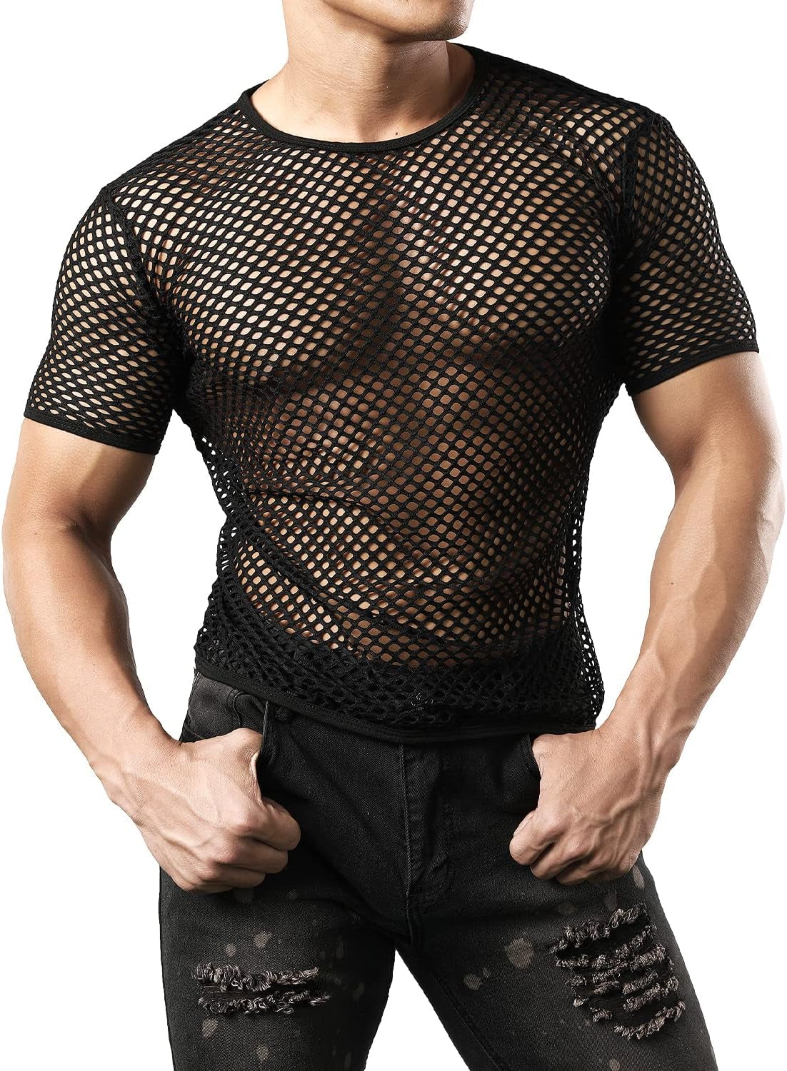 Men'S Mesh Fishnet Fitted Short Sleeve Muscle Top