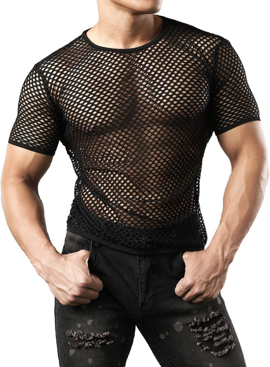Men'S Mesh Fishnet Fitted Short Sleeve Muscle Top