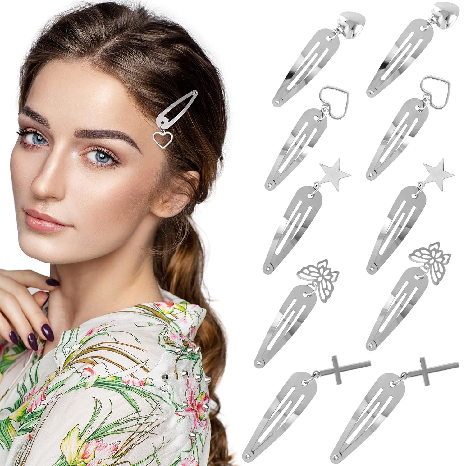 Metal Hair Accessories: Star, Heart, Butterfly Snap Clips and Punk Silver Hairpins for Women and Girls